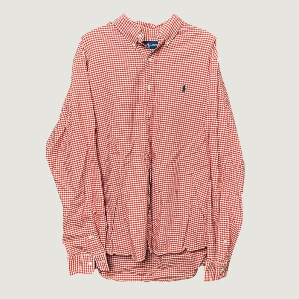 Ralph Lauren Mens XXL Custom Fit Gingham Button Down Shirt Red White Long Sleeve